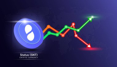 Status coin purple. Cryptocurrency token symbol with stock market investment trading graph green and red. Economic trends business concept. 3D Vector illustration.