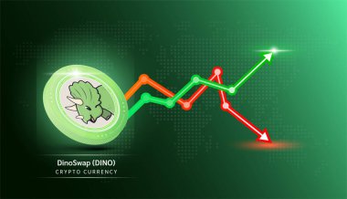 DinoSwap coin green. Cryptocurrency token symbol with stock market investment trading graph green and red. Economic trends business concept. 3D Vector illustration.
