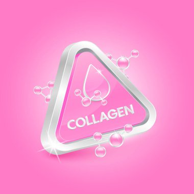 Collagen in triangle shape pink with chemical atom molecule orbit around. 3D Logo label nutrition silver. Used for products food and medicine design. Isolated Vector.