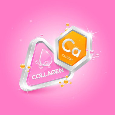 Calcium minerals in pentagon shape orange and collagen pink with chemical atom molecule orbit around. 3D Logo label nutrition silver. Used for products food and medicine design. Isolated Vector.