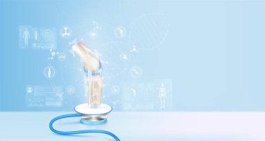Bone joint healthy cartilage float away from stethoscope. Image virtual hologram on screen computer. Doctor diagnose digital data record. Electronic medical technology innovation. 3d Vector.