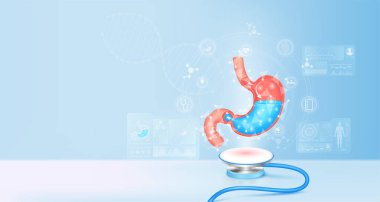 Stomach healthy float away from stethoscope. Medical icons Image virtual hologram on screen computer. Doctor diagnose digital data record. Electronic medical technology innovation. 3d Vector.