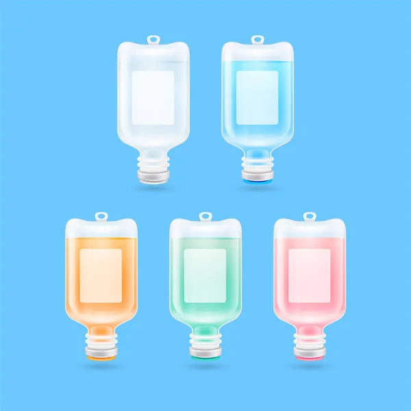 Set saline bag. Injection of IV drip collagen vitamins for health and skin. Product advertisement design with copy space for text. Isolated on blue background. Medical concept. 3D vector EPS10.