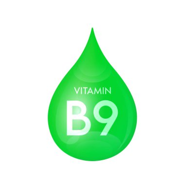 Drip vitamin B9 green icon 3D isolated on a white background. Drop minerals and vitamins complex realistic. Used for nutrition products food. Medical scientific concepts. Vector EPS10 illustration.