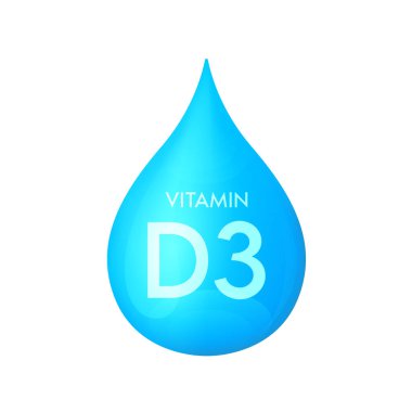 Drip vitamin D3 blue icon 3D isolated on a white background. Drop minerals and vitamins complex realistic. Used for nutrition products food. Medical scientific concepts. Vector EPS10 illustration.