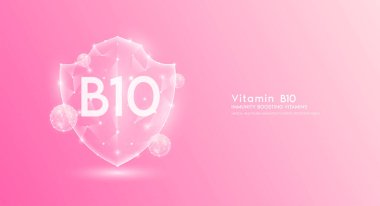 Vitamin B10 shield polygonal translucent pink. Immunity boosting vitamins. Medical innovation protect your body healthy. Shield low poly triangle modern futuristic protection. Banner vector.