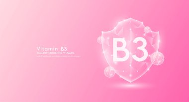 Vitamin B3 shield polygonal translucent pink. Immunity boosting vitamins. Medical innovation protect your body healthy. Shield low poly triangle modern futuristic protection. Banner vector.