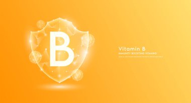 B vitamini kalkanı yarı saydam portakal. Bağışıklık artırıcı vitaminler. Tıbbi yenilik vücudunuzu sağlıklı korur. Düşük kalkanlı polyester üçgen modern fütüristik koruma. Sancak vektörü.