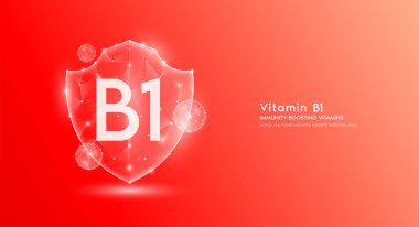 Vitamin B1 shield polygonal translucent red. Immunity boosting vitamins. Medical innovation protect your body healthy. Shield low poly triangle modern futuristic protection. Banner vector.