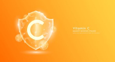 C vitamini kalkanı çokgen yarı saydam turuncu. Bağışıklık artırıcı vitaminler. Tıbbi yenilik vücudunuzu sağlıklı korur. Düşük kalkanlı polyester üçgen modern fütüristik koruma. Sancak vektörü.