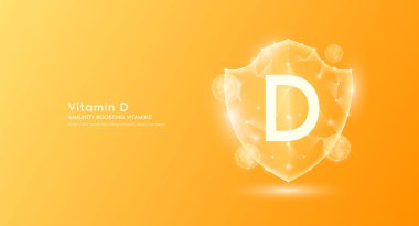 D vitamini kalkanı yarı saydam portakal. Bağışıklık artırıcı vitaminler. Tıbbi yenilik vücudunuzu sağlıklı korur. Düşük kalkanlı polyester üçgen modern fütüristik koruma. Sancak vektörü.
