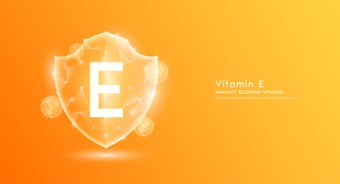 E vitamini kalkanı çokgen yarı saydam turuncu. Bağışıklık artırıcı vitaminler. Tıbbi yenilik vücudunuzu sağlıklı korur. Düşük kalkanlı polyester üçgen modern fütüristik koruma. Sancak vektörü.