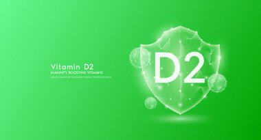 Vitamin D2 shield polygonal translucent green. Immunity boosting vitamins. Medical innovation protect your body healthy. Shield low poly triangle modern futuristic protection. Banner vector.