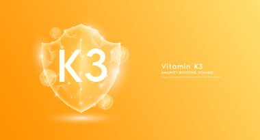 Vitamin K3 shield polygonal translucent orange. Immunity boosting vitamins. Medical innovation protect your body healthy. Shield low poly triangle modern futuristic protection. Banner vector.