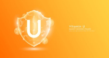 Vitamin U shield polygonal translucent orange. Immunity boosting vitamins. Medical innovation protect your body healthy. Shield low poly triangle modern futuristic protection. Banner vector. clipart