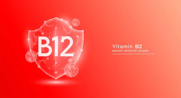 Vitamin B12 Shield Polygonal Translucent Red Immunity Boosting Vitamins Medical — Vetor de Stock