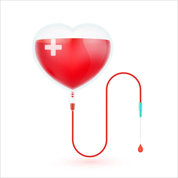 盐水袋 心形透明 血分离在白色背景上 医学概念 世界献血日6月14日 3D矢量Eps10示例 — 图库矢量图片