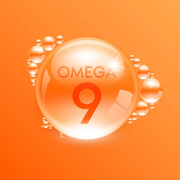 水魚油オメガ9オレンジをドロップします 多価不飽和脂肪栄養 自然由来のビタミン複合体 黄色の背景に孤立した水滴 医療の概念 3Dリアルなベクトル Eps10 — ストックベクタ