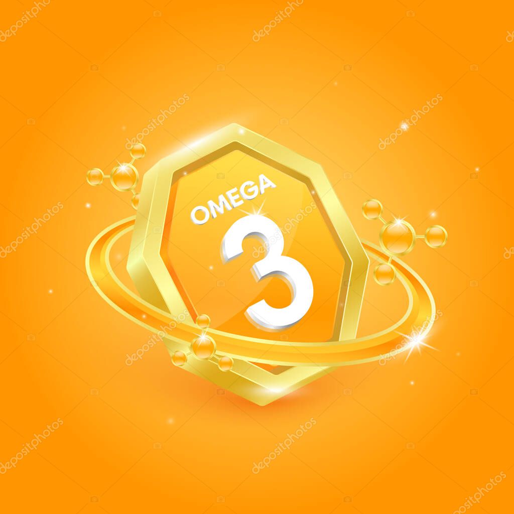 Omega 3 in octagon orange shape and atom orbit around. Logo label nutrition 3D gold. Used for products food design. Fish oil polyunsaturated fatty nutrient. Isolated Vector EPS10.