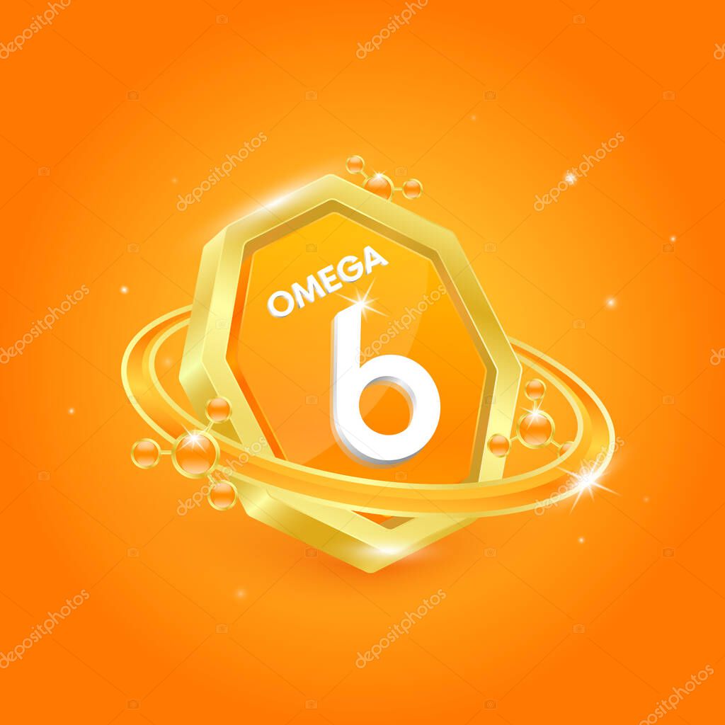 Omega 6 in octagon orange shape and atom orbit around. Logo label nutrition 3D gold. Used for products food design. Fish oil polyunsaturated fatty nutrient. Isolated Vector EPS10.