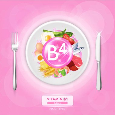 B4 vitamini. Yumurta, balık, et, meyve ve sebze. Organik doğal beslenme. Vitamin kaynakları ve sağlık faydaları. Tabaklarda ve çatallarda yemek, bıçaklar. Üst görünüm vektör illüstrasyonu