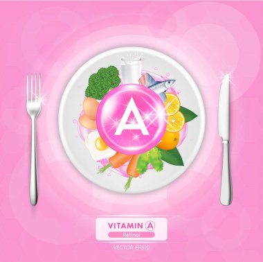 A vitamini yiyecekler. Yumurta, balık, et, meyve ve sebze. Organik doğal beslenme. Vitamin kaynakları ve sağlık faydaları. Tabaklarda ve çatallarda yemek, bıçaklar. Üst görünüm vektör illüstrasyonu
