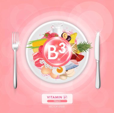 B3 vitamini. Yumurta, balık, et, meyve ve sebze. Organik doğal beslenme. Vitamin kaynakları ve sağlık faydaları. Tabaklarda ve çatallarda yemek, bıçaklar. Üst görünüm vektör illüstrasyonu