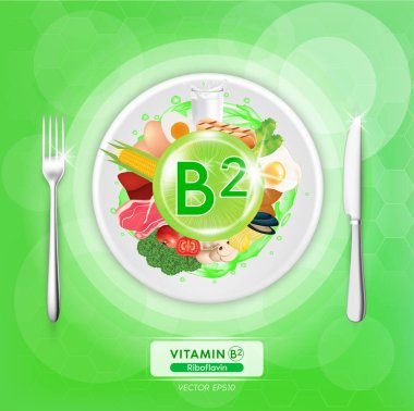 B2 vitamini. Yumurta, balık, et, meyve ve sebze. Organik doğal beslenme. Vitamin kaynakları ve sağlık faydaları. Tabaklarda ve çatallarda yemek, bıçaklar. Üst görünüm vektör illüstrasyonu