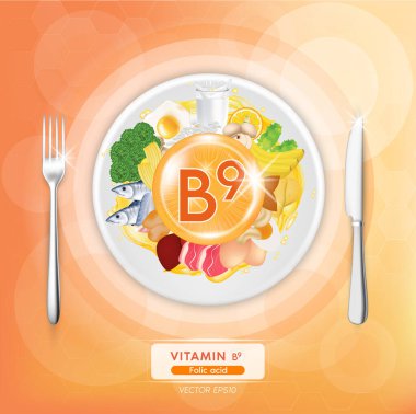 B9 vitamini. Yumurta, balık, et, meyve ve sebze. Organik doğal beslenme. Vitamin kaynakları ve sağlık faydaları. Tabaklarda ve çatallarda yemek, bıçaklar. Üst görünüm vektör illüstrasyonu