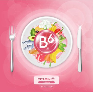 B6 vitamini yiyecekler. Yumurta, balık, et, meyve ve sebze. Organik doğal beslenme. Vitamin kaynakları ve sağlık faydaları. Tabaklarda ve çatallarda yemek, bıçaklar. Üst görünüm vektör illüstrasyonu