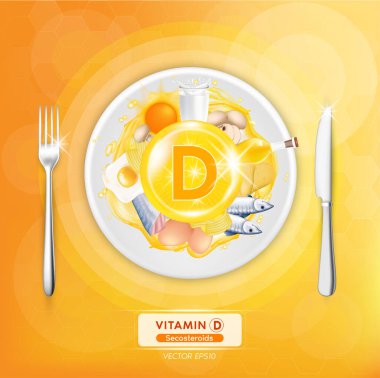 D vitamini. Yumurta, balık, et, meyve ve sebze. Organik doğal beslenme. Vitamin kaynakları ve sağlık faydaları. Tabaklarda ve çatallarda yemek, bıçaklar. Üst görünüm vektör illüstrasyonu