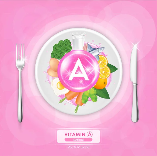A vitamini yiyecekler. Yumurta, balık, et, meyve ve sebze. Organik doğal beslenme. Vitamin kaynakları ve sağlık faydaları. Tabaklarda ve çatallarda yemek, bıçaklar. Üst görünüm vektör illüstrasyonu