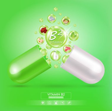 B2 vitamini kapsül yeşilinden uzaklaşır. Serbest radikalleri etkisiz hale getiren meyve ve sebze yemekleri. Kimyasal formülle. Yaşlanma karşıtı güzellik geliştirme konsepti ve sağlık hizmeti. 3B vektör.