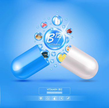 B12 vitamini mavi kapsülden uzaklaşır. Serbest radikalleri etkisiz hale getiren meyve ve sebze yemekleri. Kimyasal formülle. Yaşlanma karşıtı güzellik geliştirme konsepti ve sağlık hizmeti. 3B vektör.