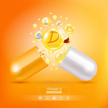 D vitamini kapsül portakalından uzaklaşır. Serbest radikalleri etkisiz hale getiren meyve ve sebze yemekleri. Kimyasal formülle. Yaşlanma karşıtı güzellik geliştirme konsepti ve sağlık hizmeti. 3B vektör.