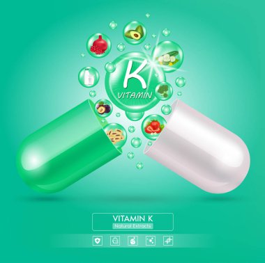 K vitamini kapsül yeşilinden uzaklaşır. Serbest radikalleri etkisiz hale getiren meyve ve sebze yemekleri. Kimyasal formülle. Yaşlanma karşıtı güzellik geliştirme konsepti ve sağlık hizmeti. 3B vektör.