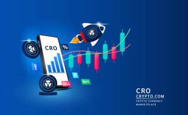 Şifreli. Uzay gemisiyle uçan haberleşme madeni parası akıllı telefonu gökyüzüne ve hisse senedine bırak. Borsada kripto para ticareti uygulaması. Mobil bankacılık kriptosu. 3d Vektör illüstrasyonu. 