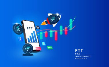 Uzay gemisinin uçtuğu Ftx sikkesi akıllı telefonu gökyüzüne ve hisse senedine bırak. Borsada kripto para ticareti uygulaması. Mobil bankacılık kriptosu. 3d Vektör illüstrasyonu.