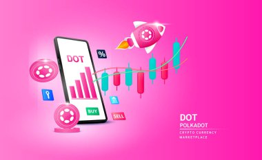 Uzay gemisi uçan Polkadot sikkesi akıllı telefonu gökyüzüne ve hisse senedine bırak. Borsada kripto para ticareti uygulaması. Mobil bankacılık kriptosu. 3d Vektör illüstrasyonu.