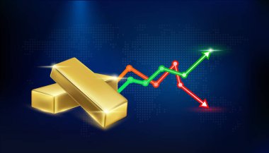 Koyu arkaplanda kırmızı yeşil okları olan altın külçeler. Dünya altınlarının büyümesi. İş ekonomisi konsepti. 3B Vektör illüstrasyonu.