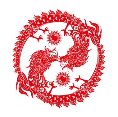Geleneksel Çin Ejderhası kırmızı zodyak işareti yin yang sonsuzluk kart baskılı medya ya da festival için beyaz arka planda izole. Çin takvimindeki hayvan mutlu yıllar. Vektör İllüstrasyonu.