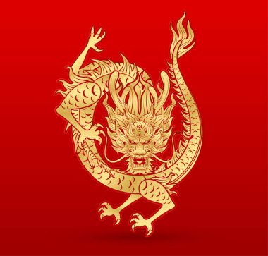 Geleneksel Çin Ejderhası altın burcu tabelası, kart basım medyası veya festival için kırmızı arka planda izole edilmiş. Çin takvimindeki hayvan mutlu yıllar. Vektör İllüstrasyonu.