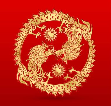 Geleneksel Çin Ejderhası altın burcu Yin Yang kart baskılı medya ya da festival için kırmızı arka planda izole edilmiş. Çin takvimindeki hayvan mutlu yıllar. Vektör İllüstrasyonu.