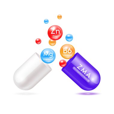Zinc, Magnezyum ve B6 vitamini (ZMA) kapsül moru içinde beyaz arka planda izole edilmiştir. Temel mineraller vitamin takviyeleri kas yapmaya yardımcı olur. Eczane kliniği için reklam diyeti. 3B Vektör.