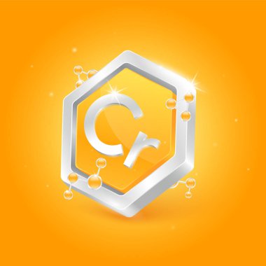 Chromium minerals in pentagon orange shape with chemical atom molecule orbit around. 3D Logo label nutrition silver. Used for products food and medicine design. Science concepts. Isolated Vector.