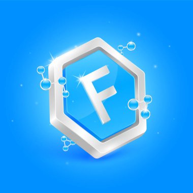 Fluorine minerals in pentagon blue shape with chemical atom molecule orbit around. 3D Logo label nutrition silver. Used for products food and medicine design. Science concepts. Isolated Vector.