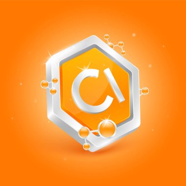 Chlorine minerals in pentagon orange shape with chemical atom molecule orbit around. 3D Logo label nutrition silver. Used for products food and medicine design. Science concepts. Isolated Vector.