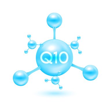 Koenzim Q10 atomu molekülleri mavi parlak. Beyaz arkaplanda Q10 simgesi 3D izole edildi. Mineraller vitamin kompleksi. Tıp ve bilim konsepti. Vektör EPS10 illüstrasyonu.