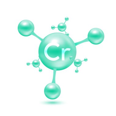 Atom molekülleri şeklinde krom mineral yeşil parlak. Krom simgesi 3D beyaz arkaplanda izole edildi. Mineraller vitamin kompleksi. Tıp ve bilim konsepti. Vektör EPS10 illüstrasyonu.