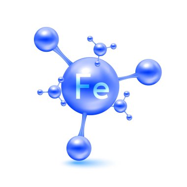 Atom formunda demir minerali mavi parlak moleküller. Çinko simgesi 3D beyaz arkaplanda izole edildi. Mineraller vitamin kompleksi. Tıp ve bilim konsepti. Vektör EPS10 illüstrasyonu.